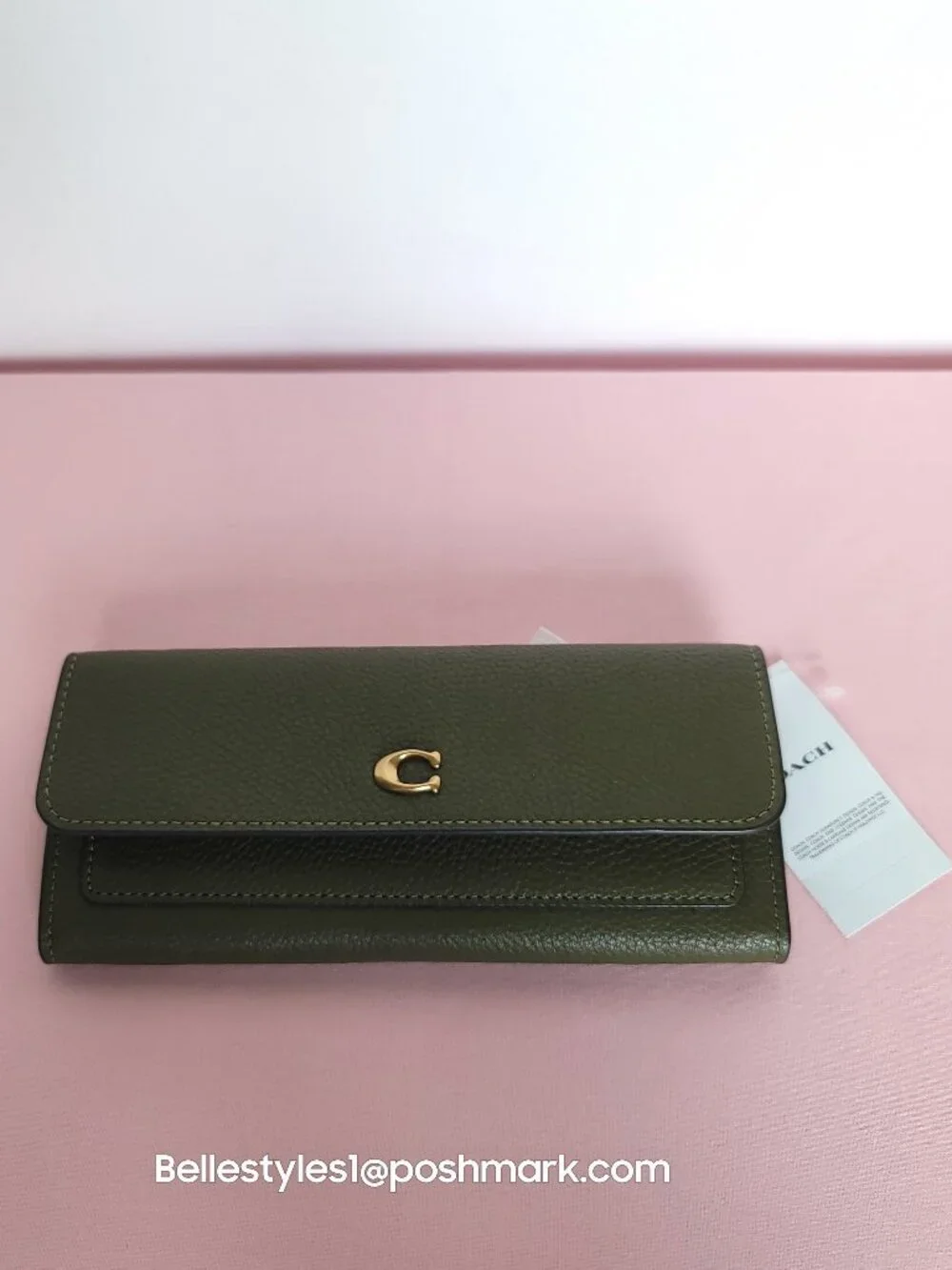 COACH Mila Pebbled Leather Long Flap Wallet- Olive color🎈